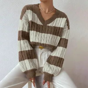 Autumn Winter Lazy Knitwear Loose Women V Neck Retro Contrast Color Striped Sweater