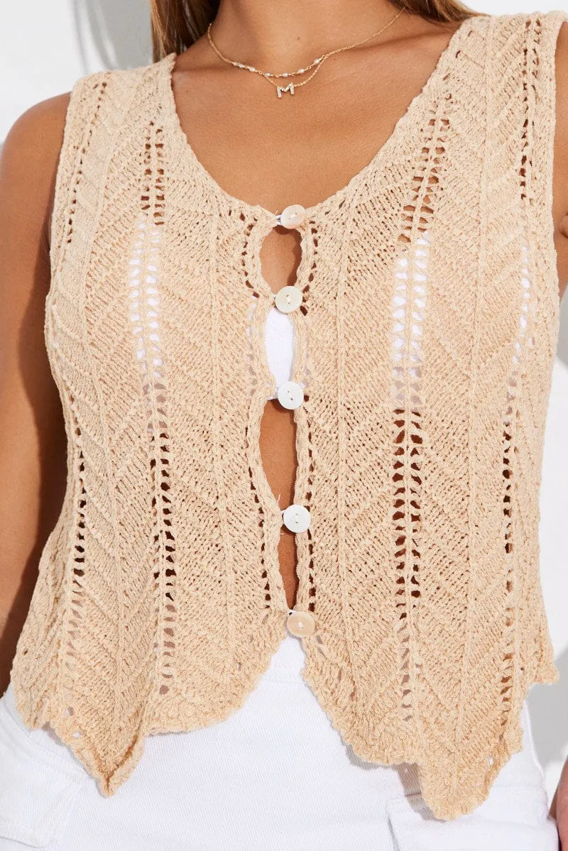 Beige Crochet Knit Vest V Neck