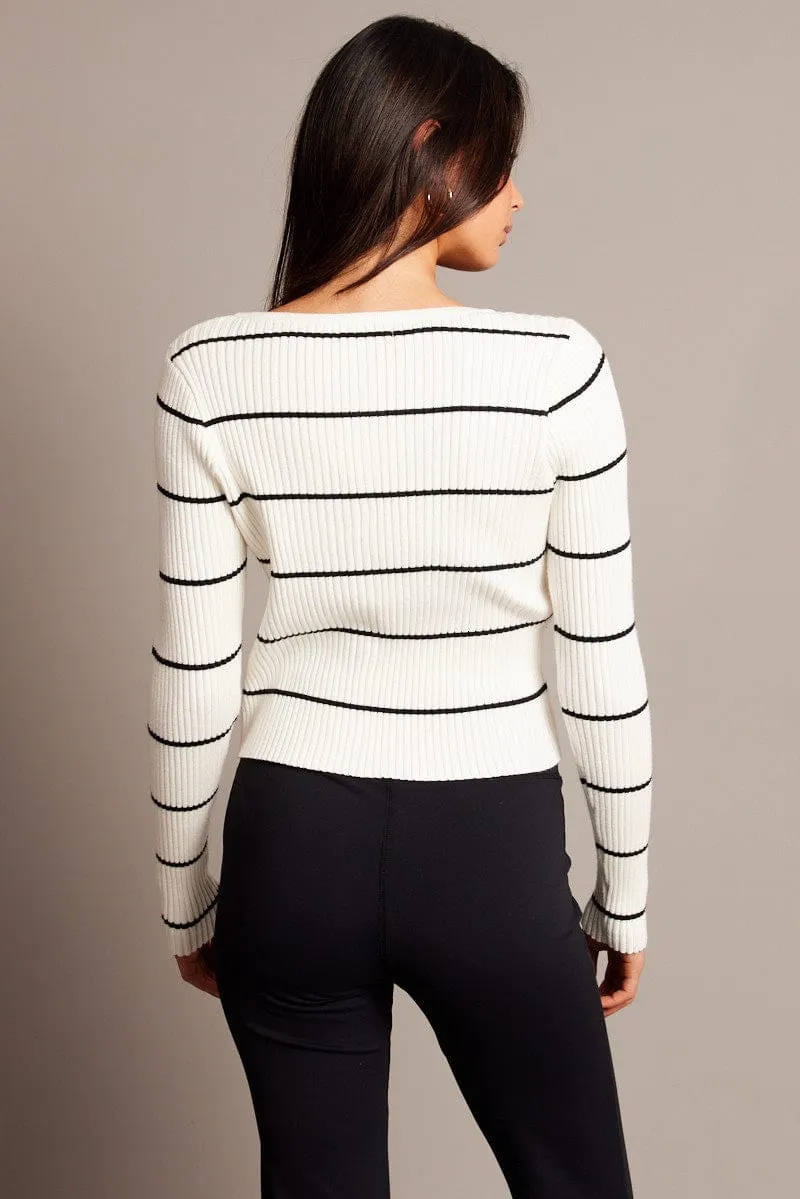 Beige Stripe Fitted Cardigan Long Sleeve Round Neck Stripe