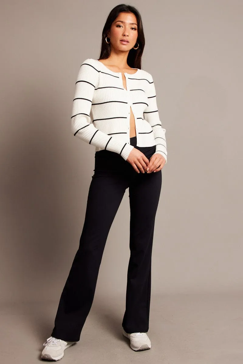 Beige Stripe Fitted Cardigan Long Sleeve Round Neck Stripe