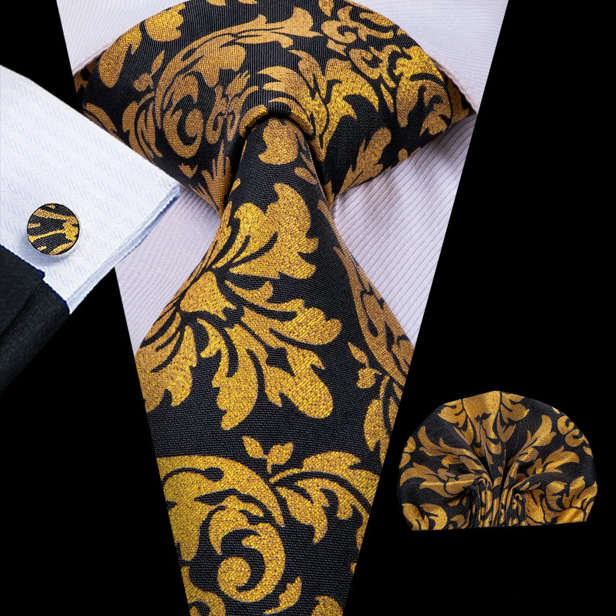 Black gold Floral Tie Pocket Square Cufflinks Set