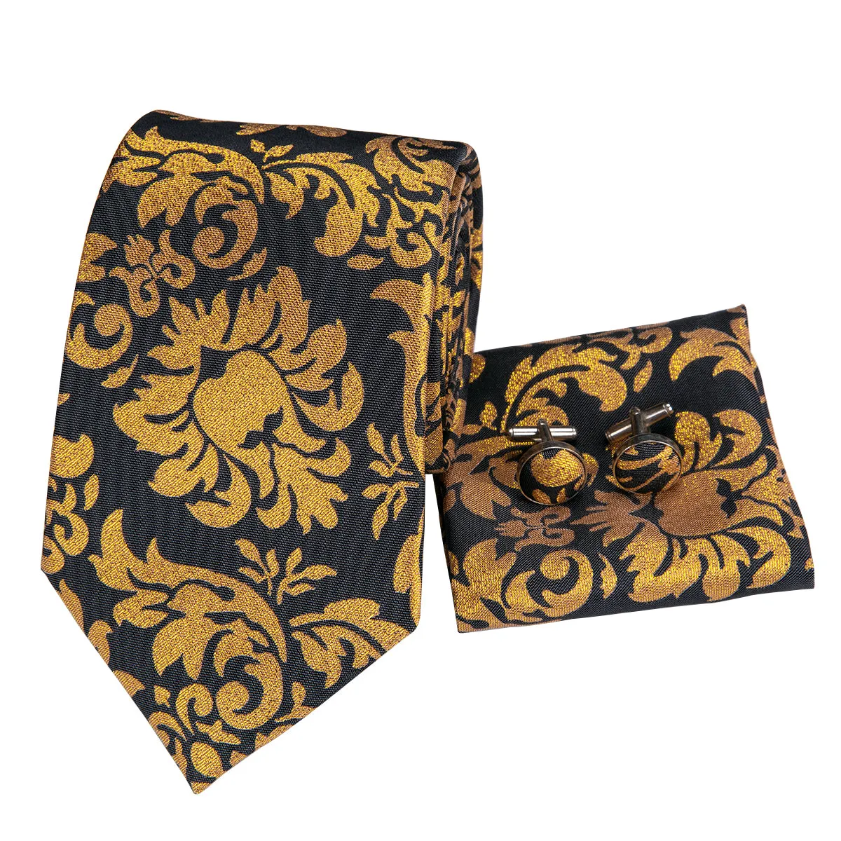 Black gold Floral Tie Pocket Square Cufflinks Set