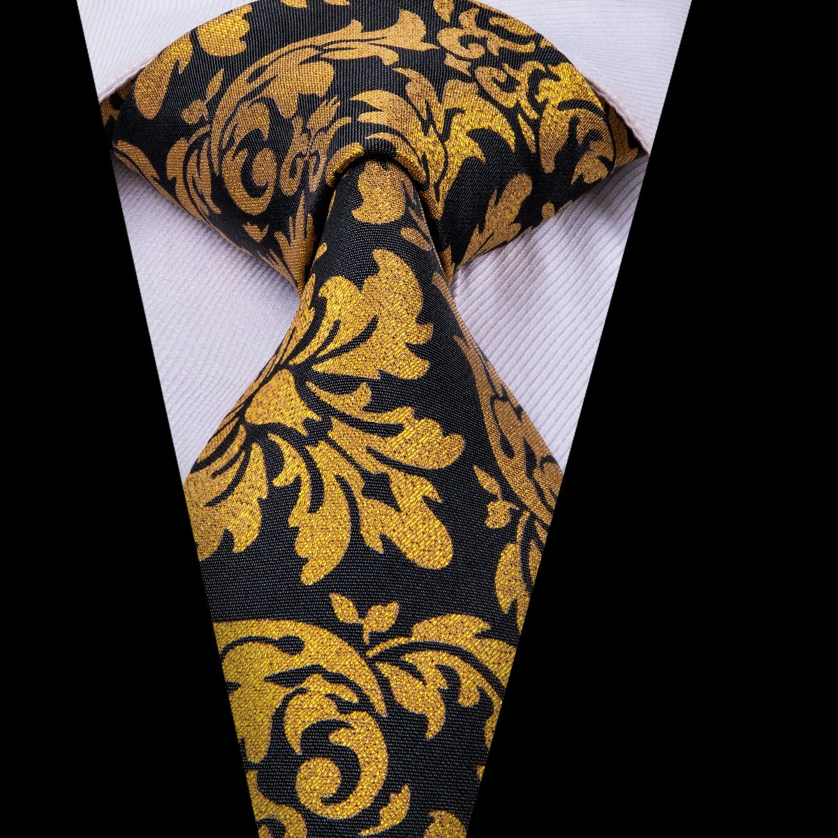 Black gold Floral Tie Pocket Square Cufflinks Set