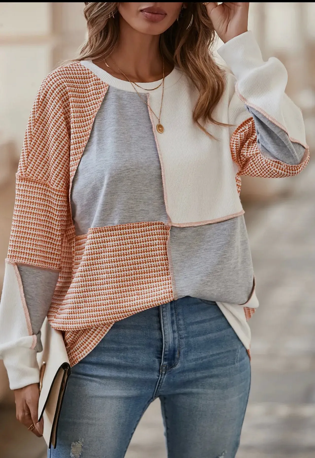 Blouse - Multicolor Exposed Seam Colorblock Oversized Knit Top