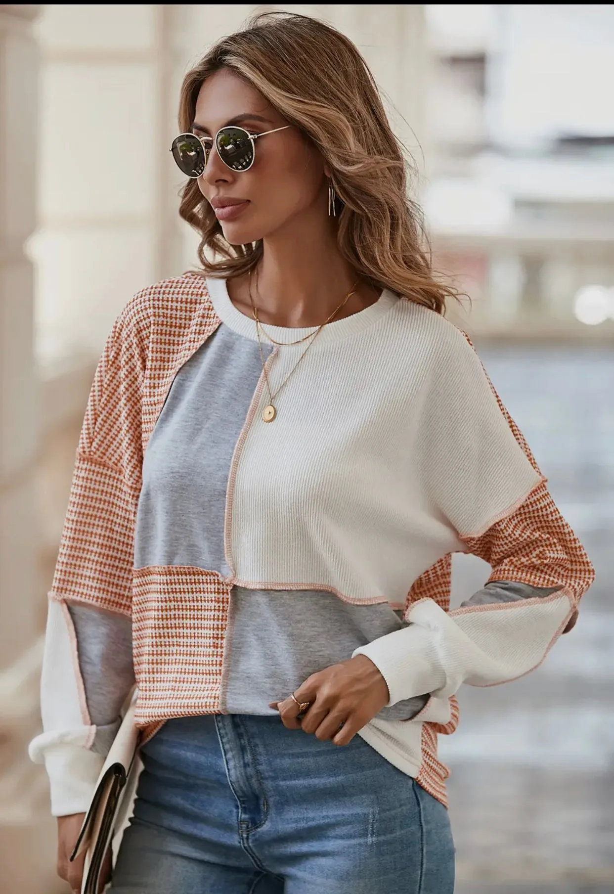 Blouse - Multicolor Exposed Seam Colorblock Oversized Knit Top