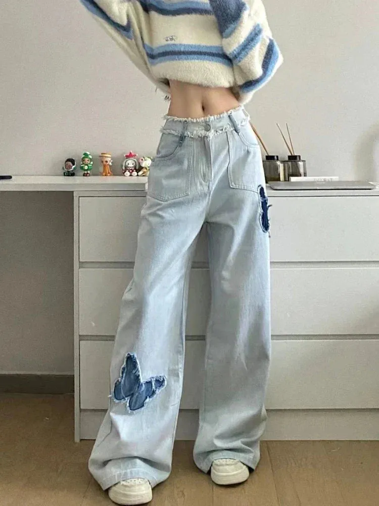 Blue Jeans Size Women Y2k Loose Patchwork High Waist Denim Pants