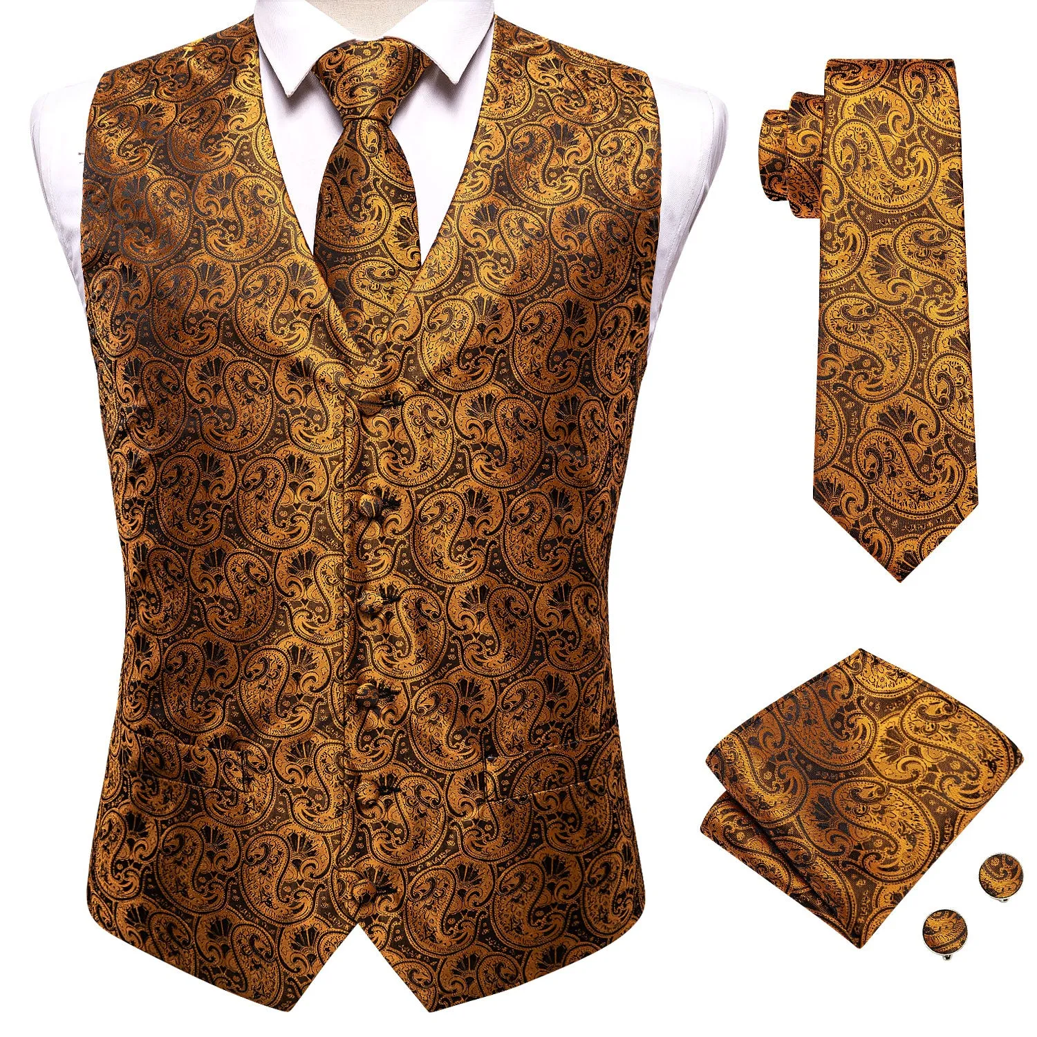 Brown Paisley Silk Men's Vest Hanky Cufflinks Tie Set Waistcoat Suit Set