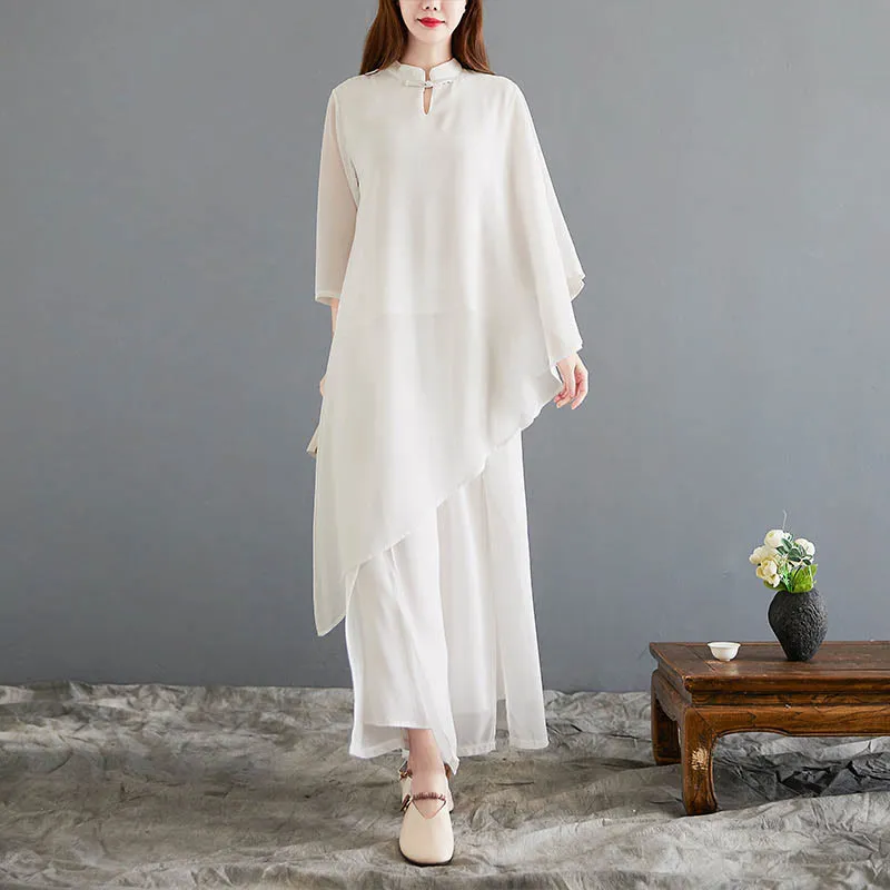 Buddha Stones 2Pcs Three Quarter Sleeve Irregular Design Shirt Wide Leg Pants Meditation Chiffon Women's Set