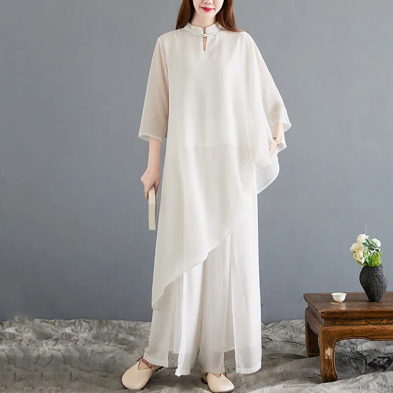 Buddha Stones 2Pcs Three Quarter Sleeve Irregular Design Shirt Wide Leg Pants Meditation Chiffon Women's Set