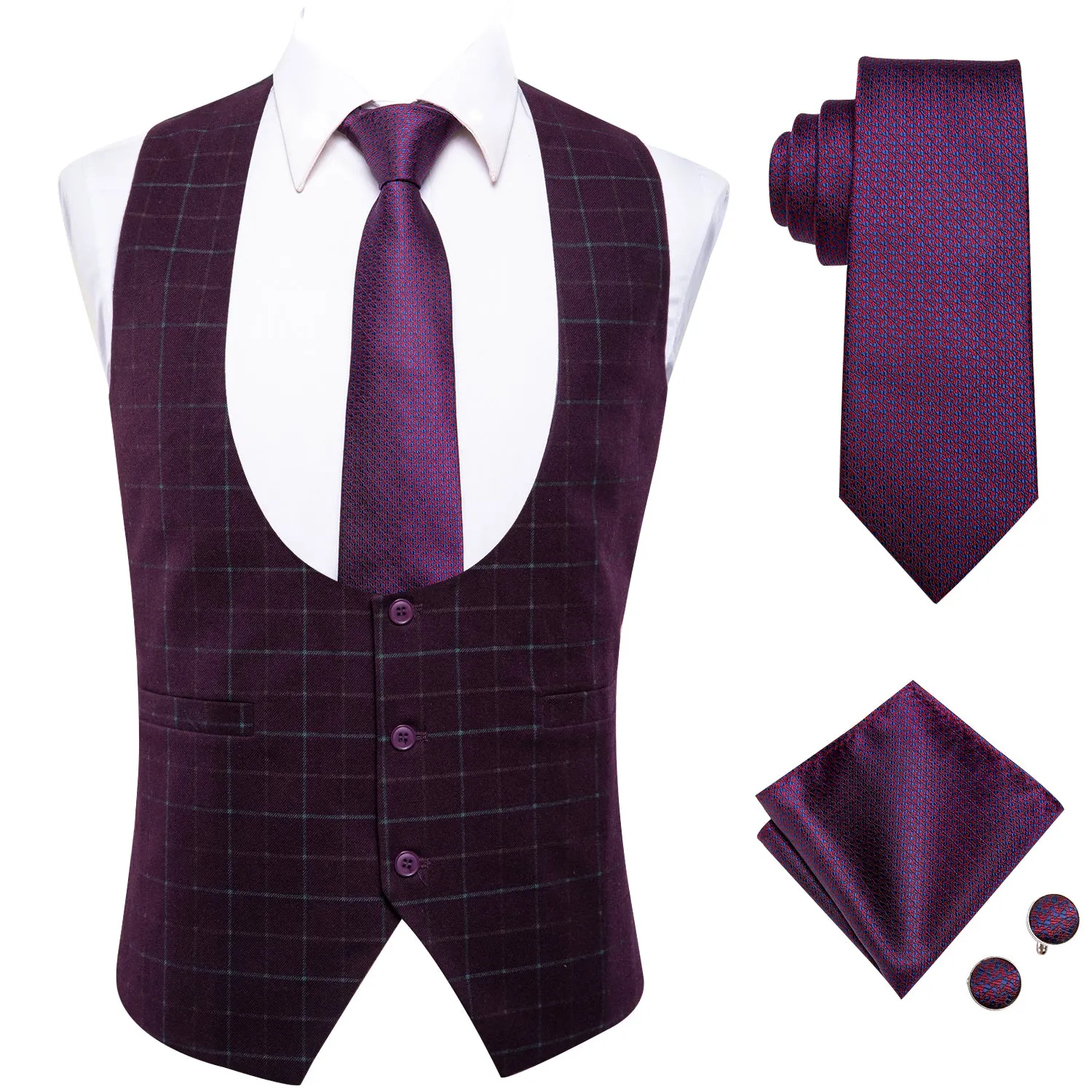 Burgundy Plaid Men's Vest Hanky Cufflinks Tie Set Waistcoat Suit Set