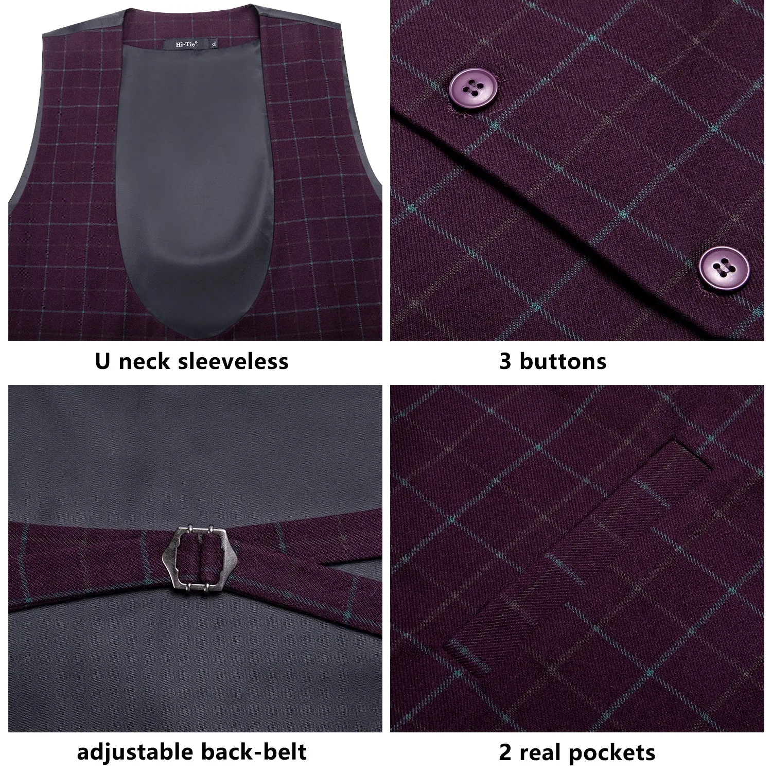 Burgundy Plaid Men's Vest Hanky Cufflinks Tie Set Waistcoat Suit Set