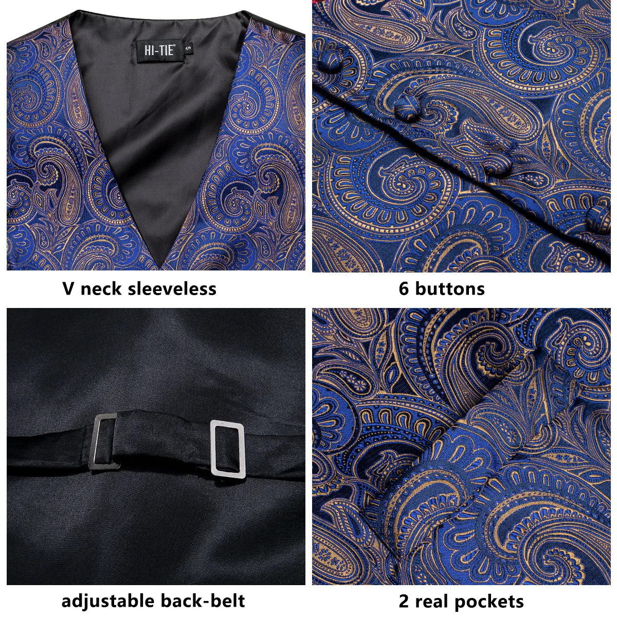 Classic Blue Golden Paisley Silk Men's Vest Hanky Cufflinks Tie Set Waistcoat Suit Set