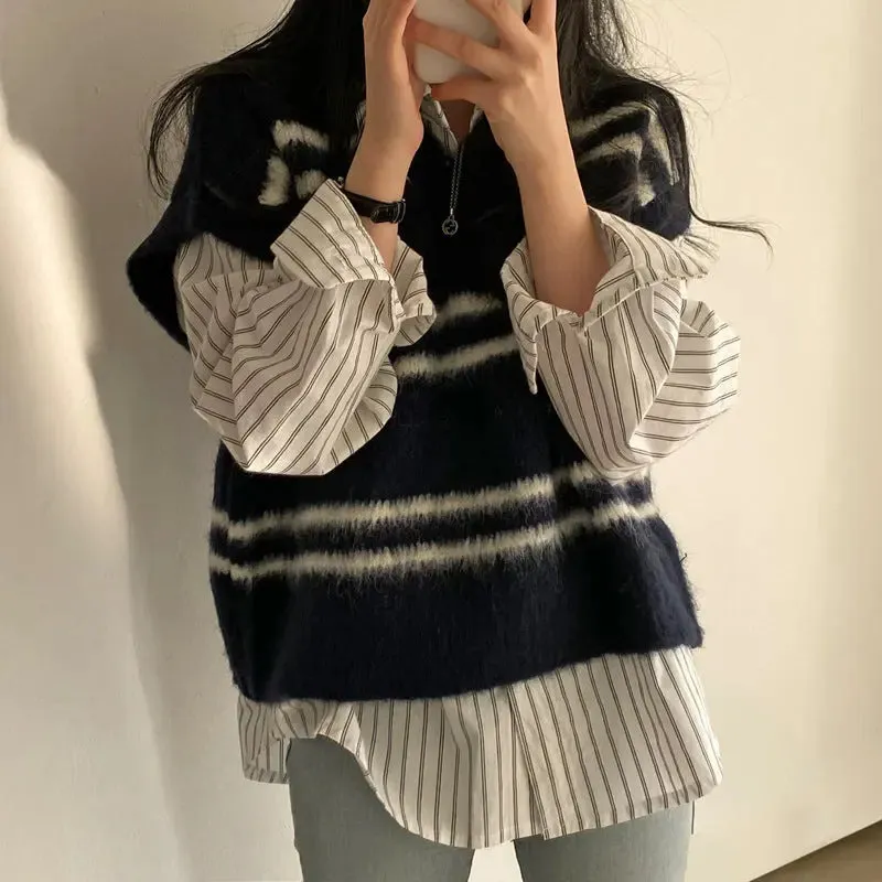 Contrast Colour Striped V-neck Wool Vest Loose Sweater