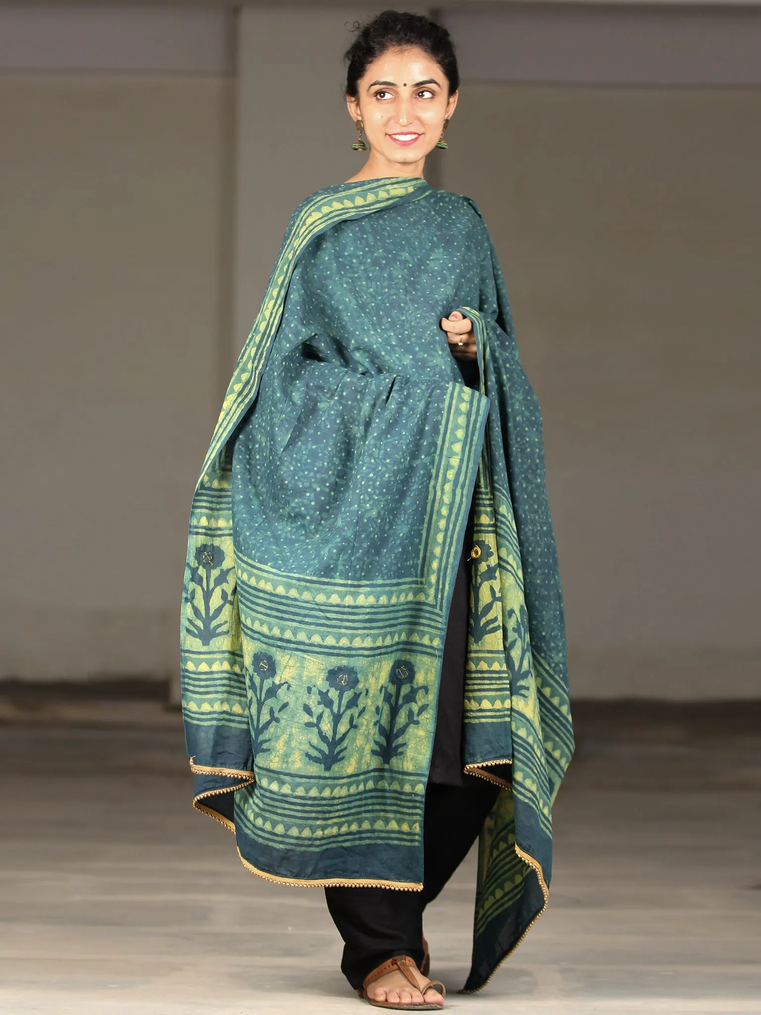 Deep Indigo Green Cotton Hand Block Printed Dupatta With Mirror Work  - D04170400