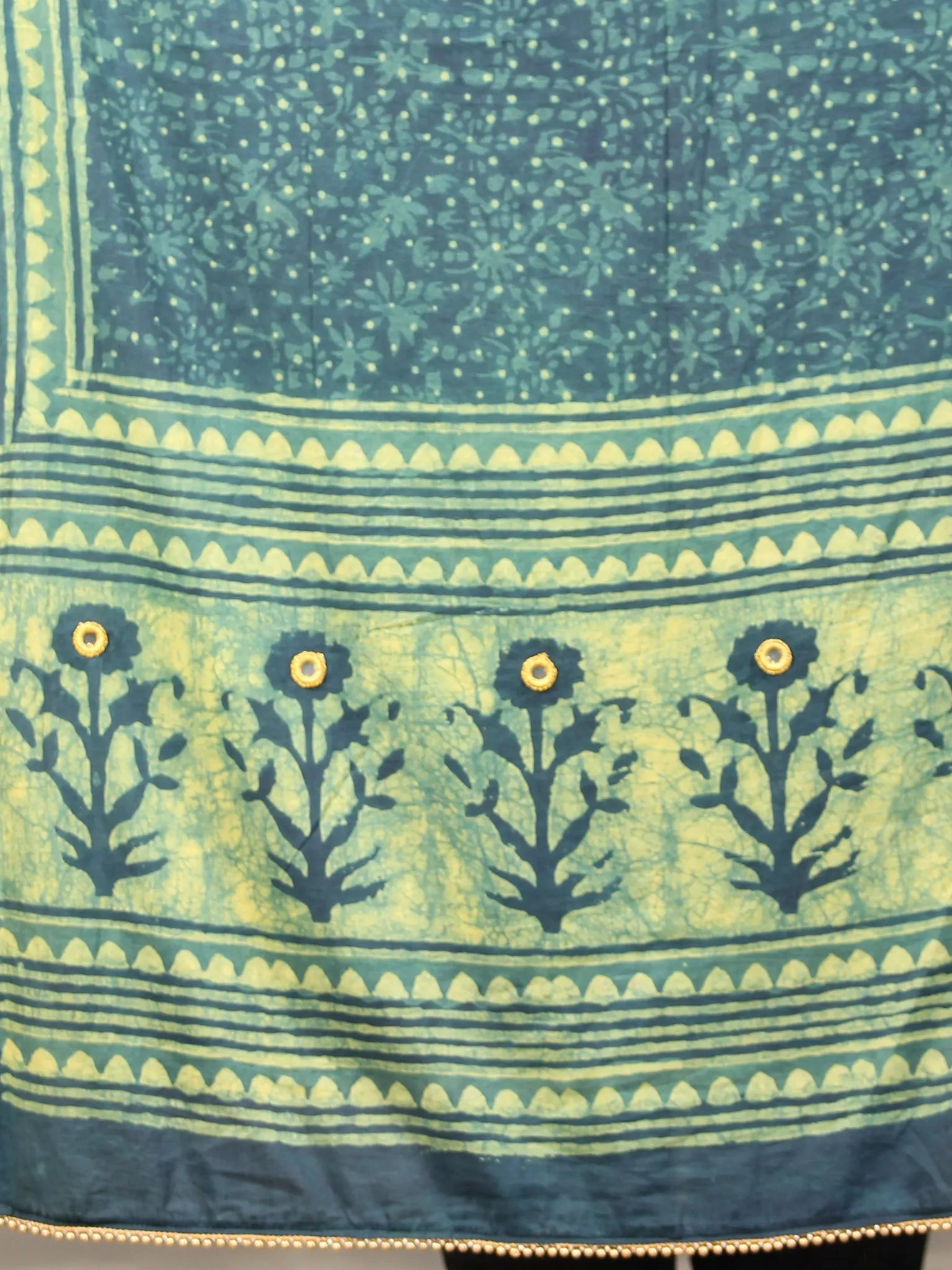 Deep Indigo Green Cotton Hand Block Printed Dupatta With Mirror Work  - D04170400