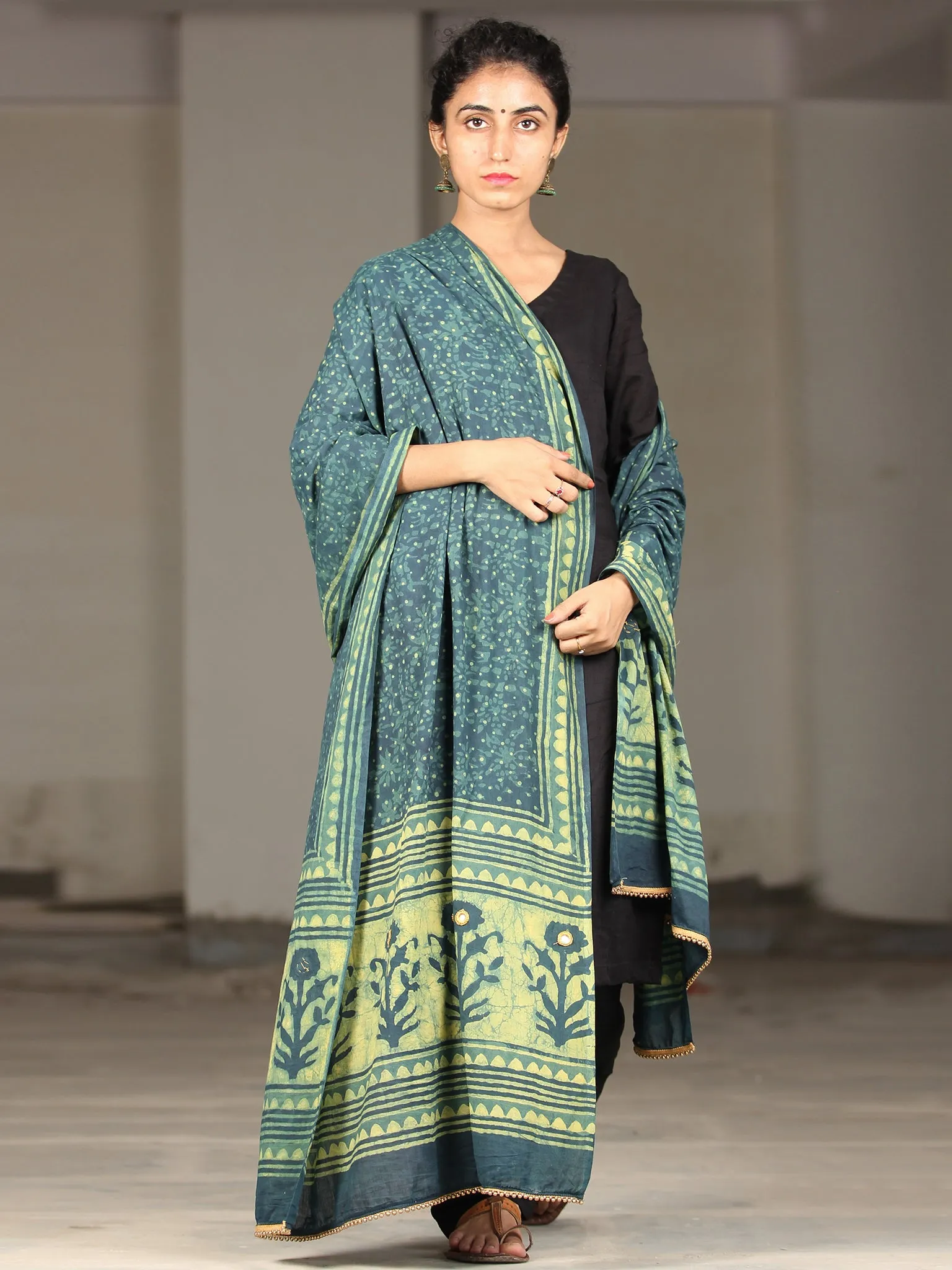 Deep Indigo Green Cotton Hand Block Printed Dupatta With Mirror Work  - D04170400