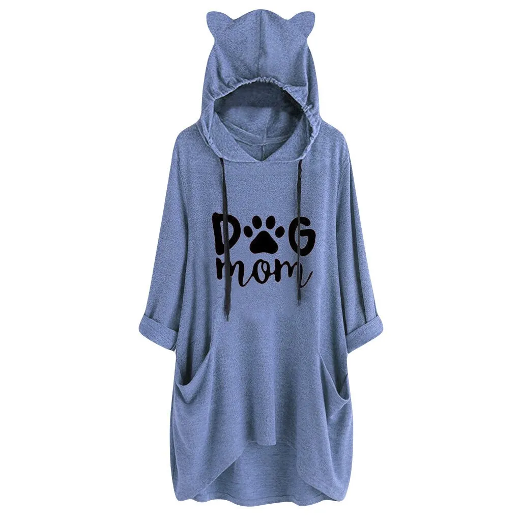 Dog Mom Hoodie Womens kawaii Cat Ears Hooded Sweatshirt Casual Loose Long Sleeve Pockets Irregular Blouse Pullover Moleton Tops