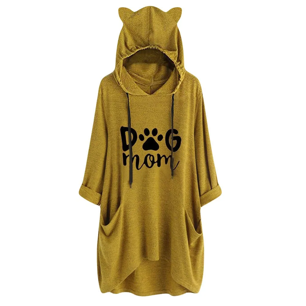 Dog Mom Hoodie Womens kawaii Cat Ears Hooded Sweatshirt Casual Loose Long Sleeve Pockets Irregular Blouse Pullover Moleton Tops