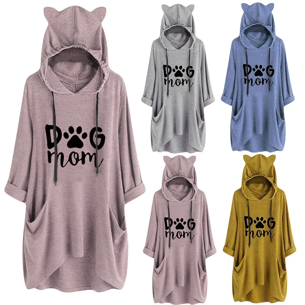 Dog Mom Hoodie Womens kawaii Cat Ears Hooded Sweatshirt Casual Loose Long Sleeve Pockets Irregular Blouse Pullover Moleton Tops