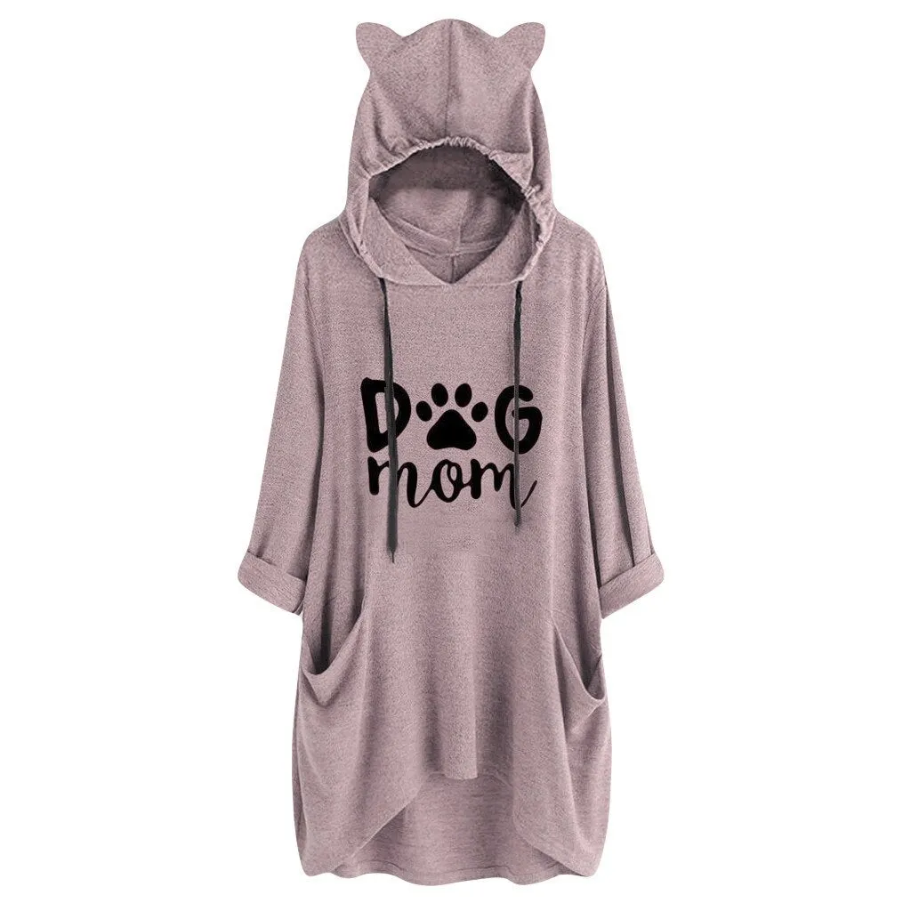 Dog Mom Hoodie Womens kawaii Cat Ears Hooded Sweatshirt Casual Loose Long Sleeve Pockets Irregular Blouse Pullover Moleton Tops