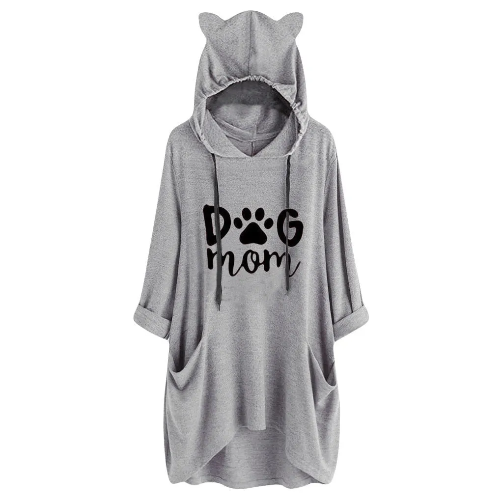 Dog Mom Hoodie Womens kawaii Cat Ears Hooded Sweatshirt Casual Loose Long Sleeve Pockets Irregular Blouse Pullover Moleton Tops