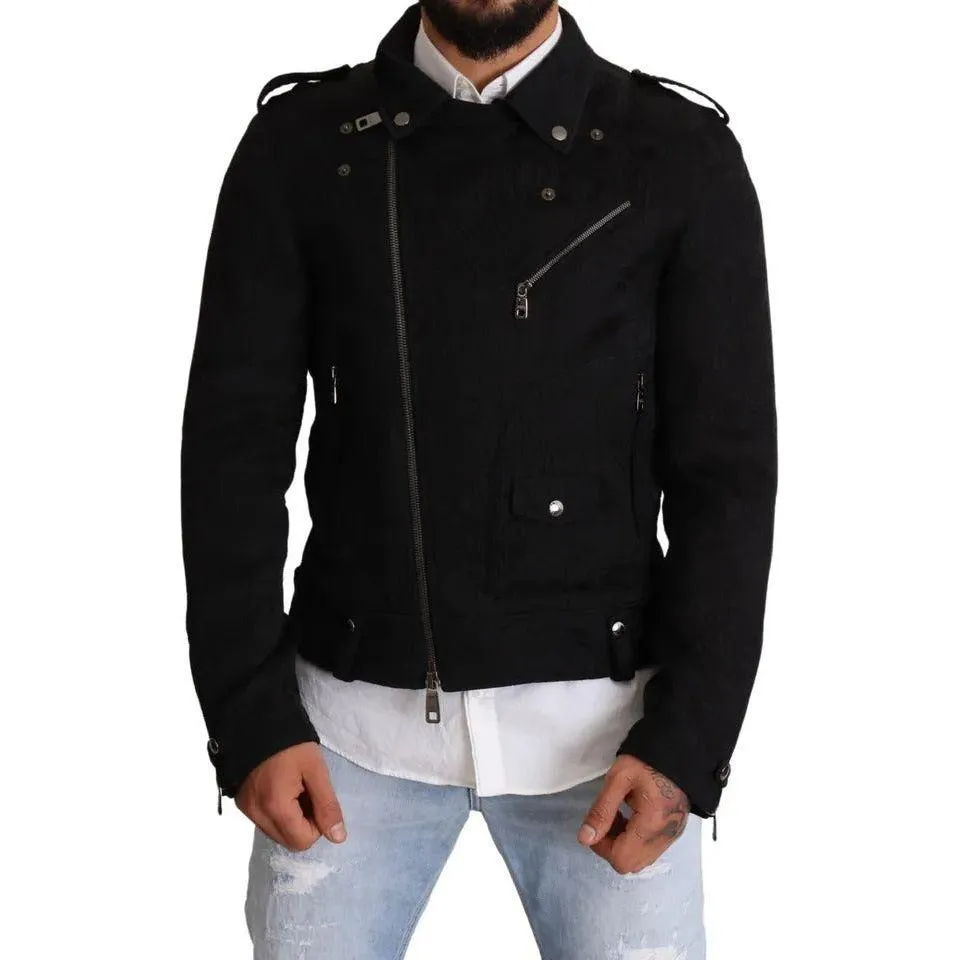 Dolce & Gabbana Black Brocade Full Zip Biker Coat Jacket