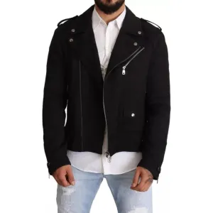 Dolce & Gabbana Black Brocade Full Zip Biker Coat Jacket