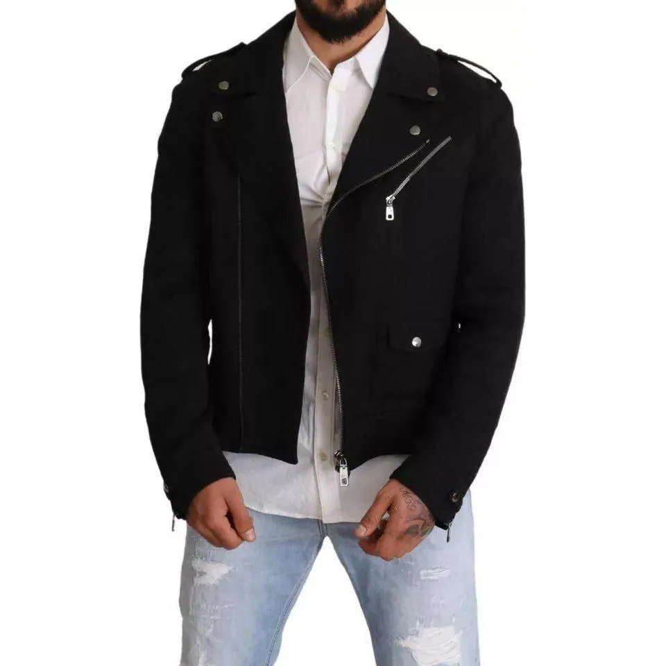 Dolce & Gabbana Black Brocade Full Zip Biker Coat Jacket