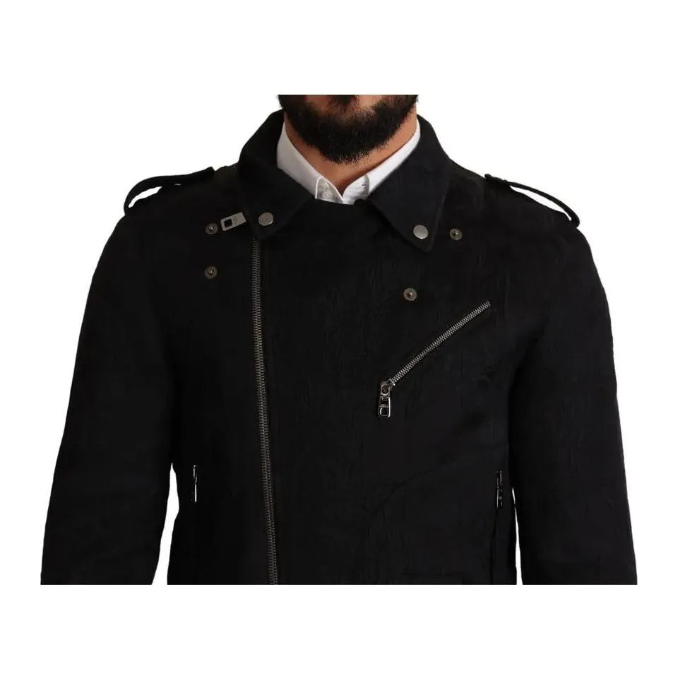 Dolce & Gabbana Black Brocade Full Zip Biker Coat Jacket