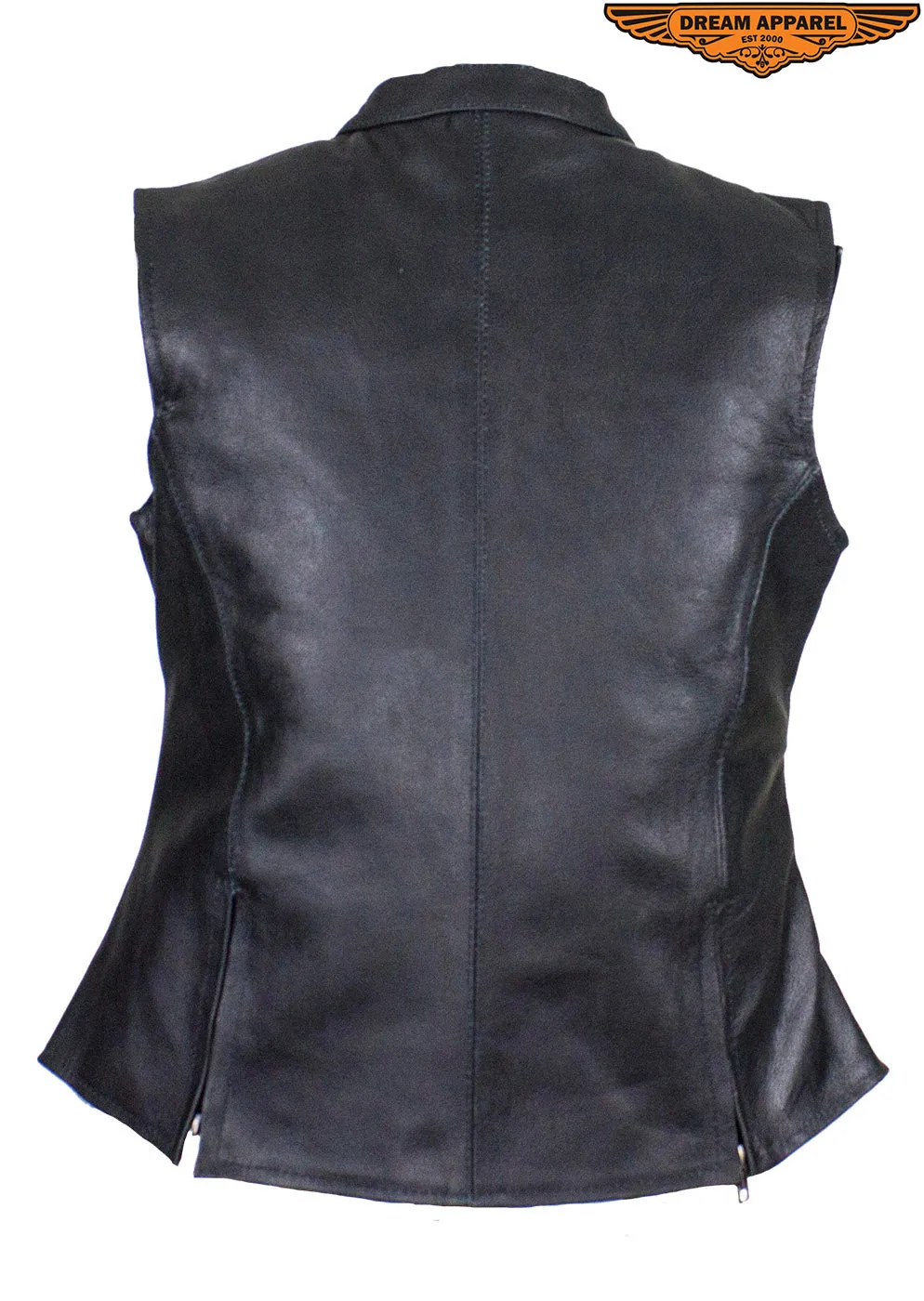 Dream Apparel Womens Leather Motorcycle Vest With Two Concealed Carry Pockets & Zippered Lower Back