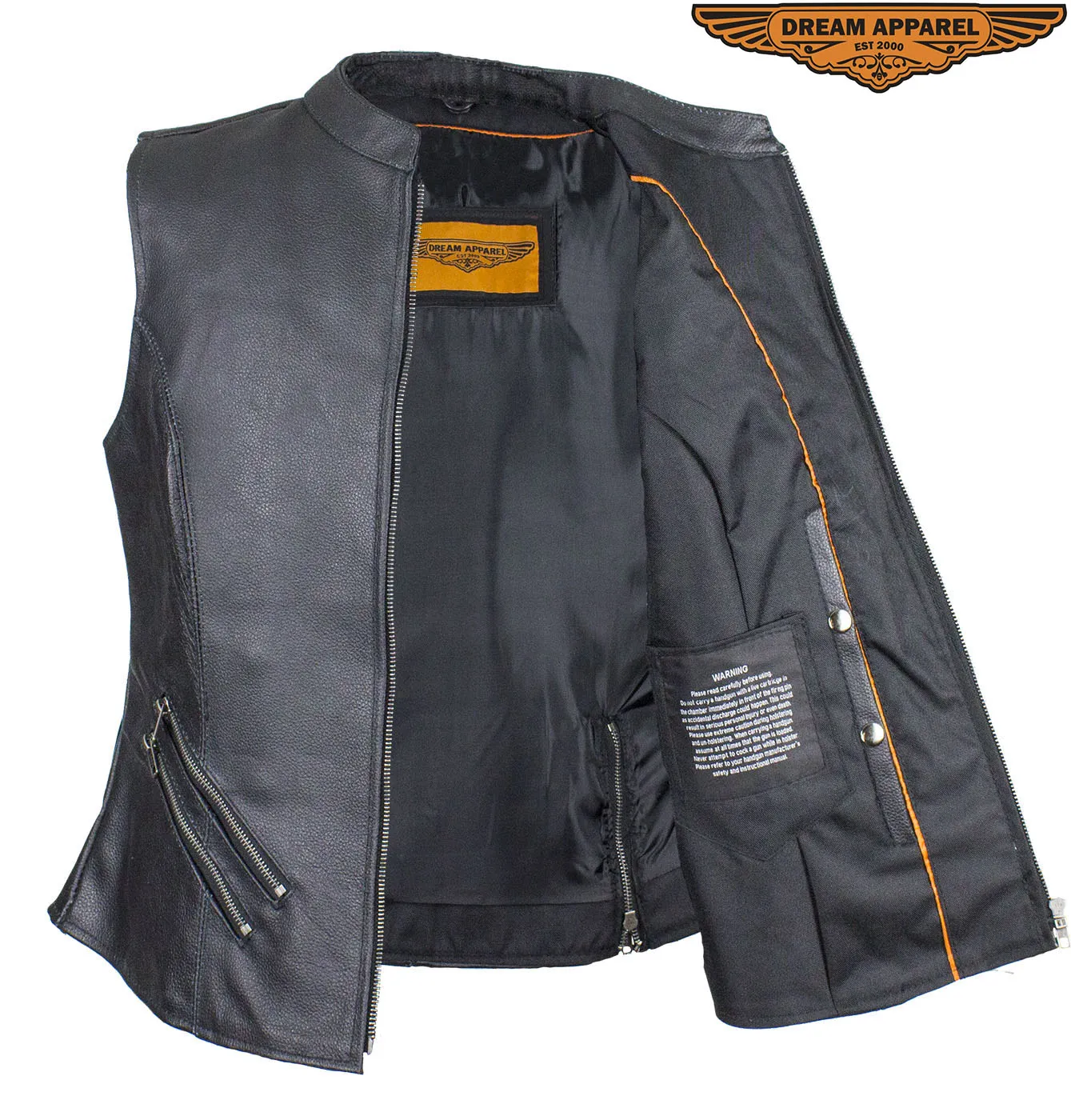 Dream Apparel Womens Leather Motorcycle Vest With Two Concealed Carry Pockets & Zippered Lower Back