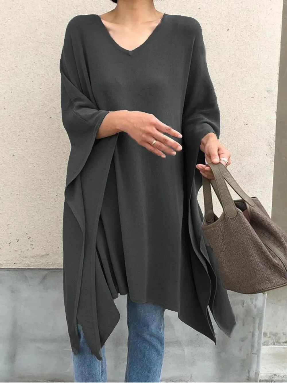 Fashion casual simple irregular loose top bat sleeve shirt women