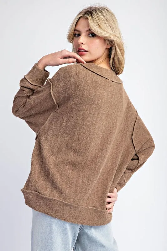 Fuzzy Loose Fit V Neck Long Sleeve Top