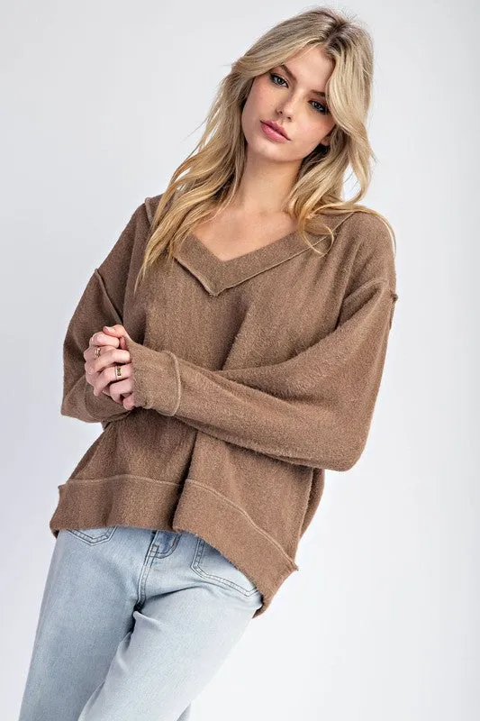 Fuzzy Loose Fit V Neck Long Sleeve Top