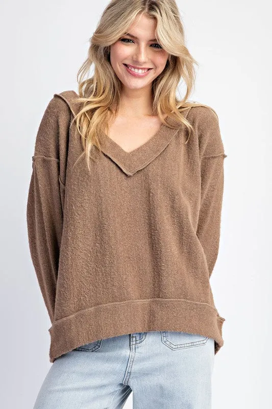 Fuzzy Loose Fit V Neck Long Sleeve Top