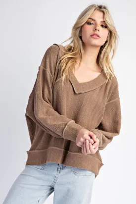 Fuzzy Loose Fit V Neck Long Sleeve Top