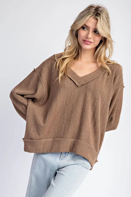 Fuzzy Loose Fit V Neck Long Sleeve Top