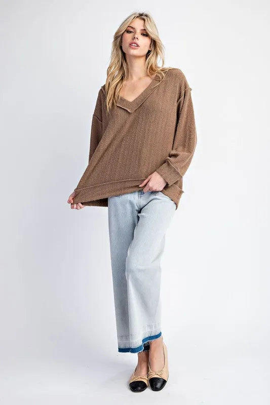 Fuzzy Loose Fit V Neck Long Sleeve Top