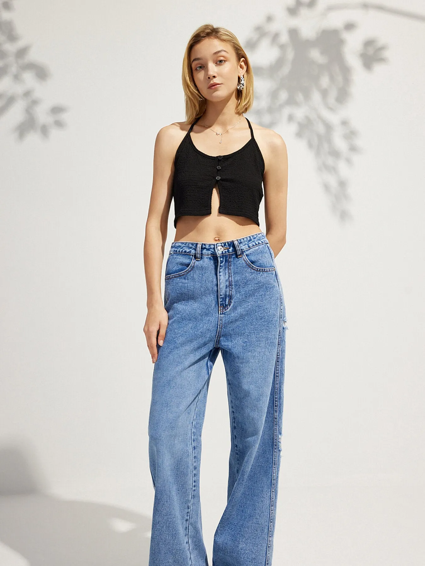 Halter Button Front Tie Back Crop Top