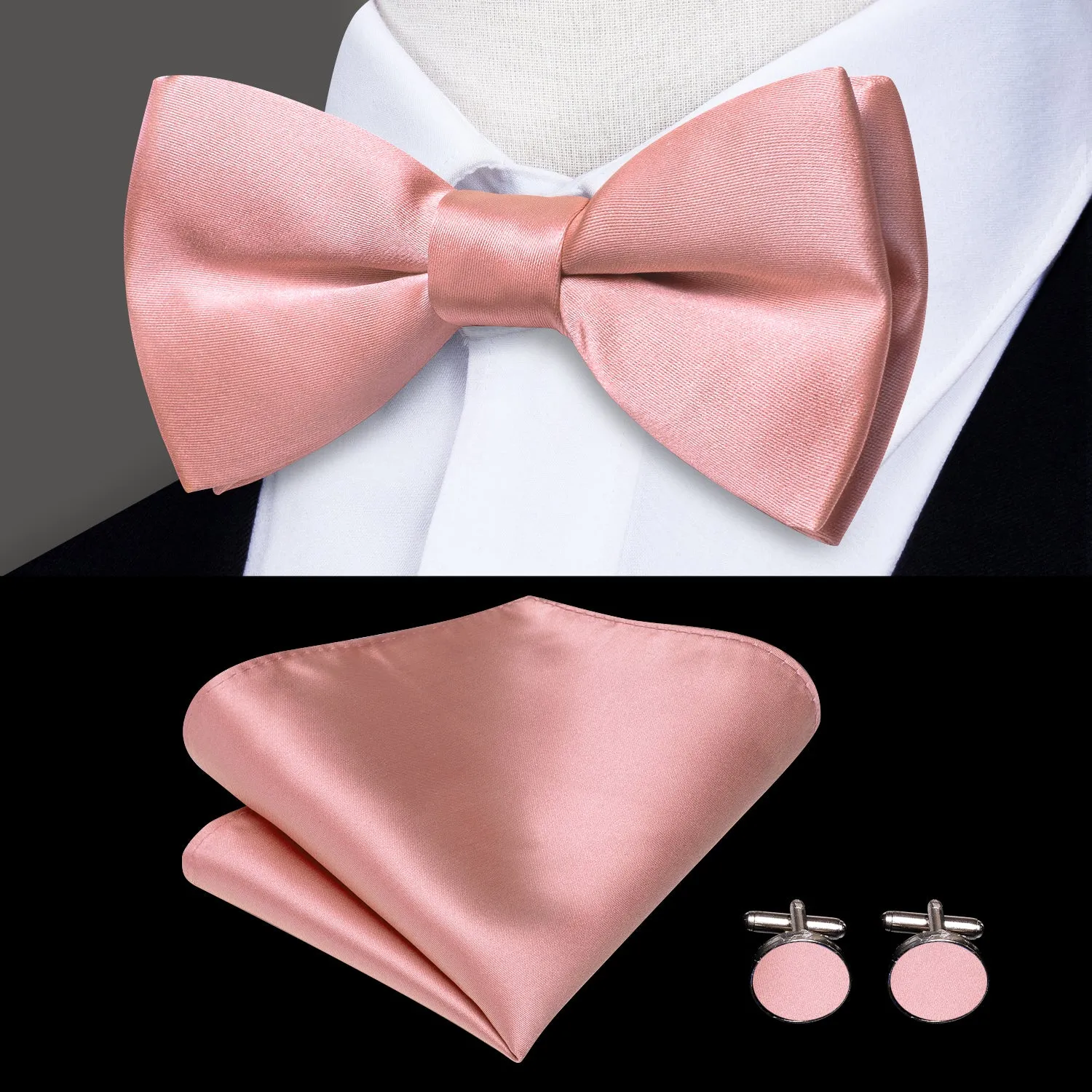 Hi-Tie BabyPink Solid Men Suspender Bowtie Pocket Square Cufflinks Set