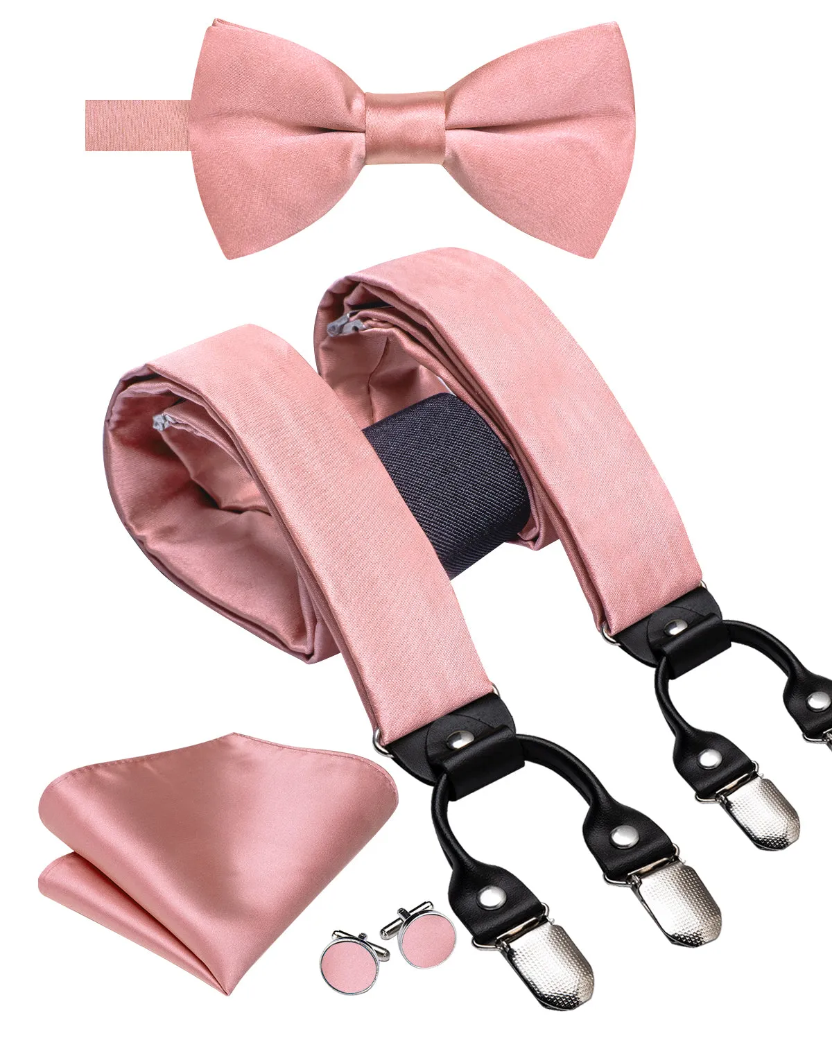 Hi-Tie BabyPink Solid Men Suspender Bowtie Pocket Square Cufflinks Set