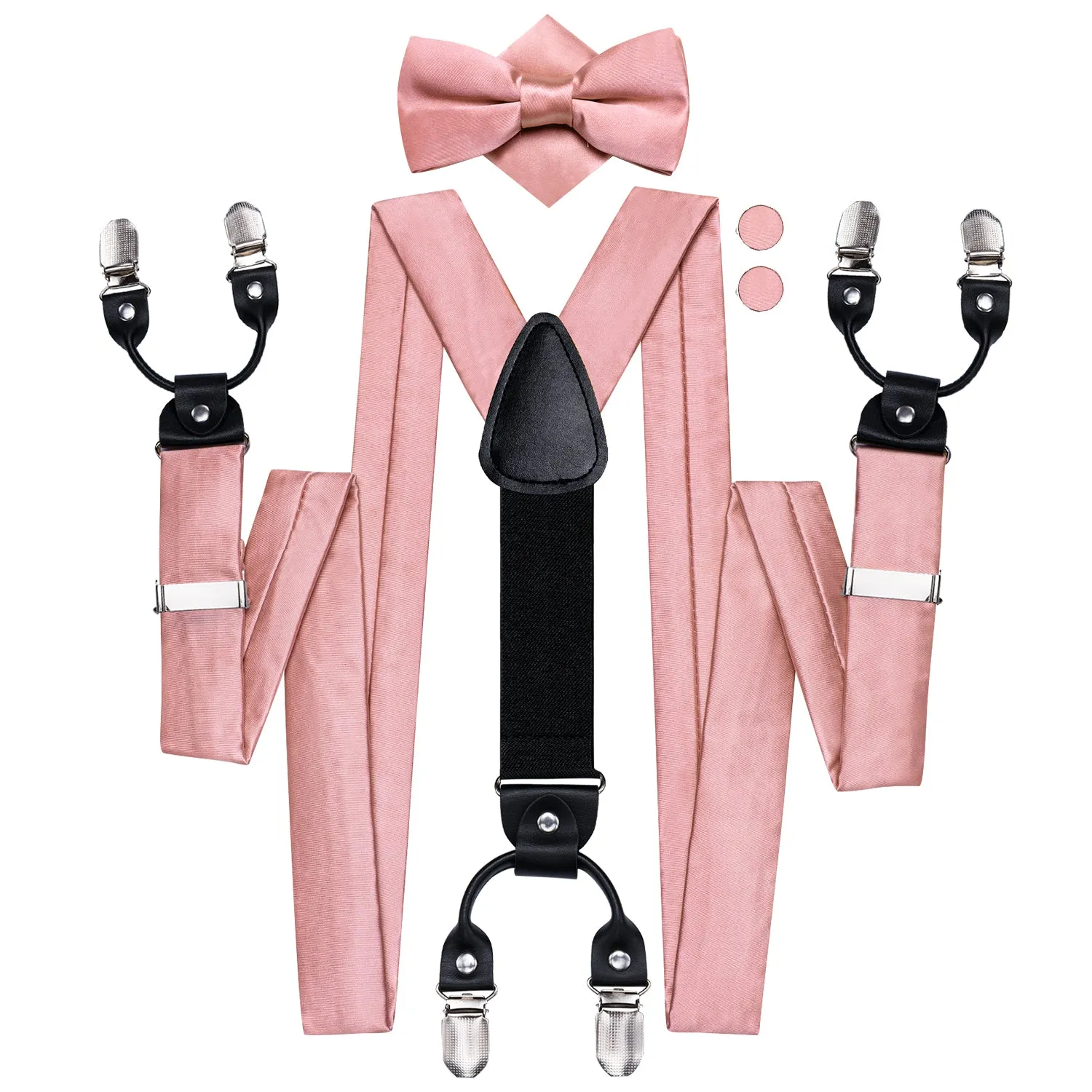 Hi-Tie BabyPink Solid Men Suspender Bowtie Pocket Square Cufflinks Set