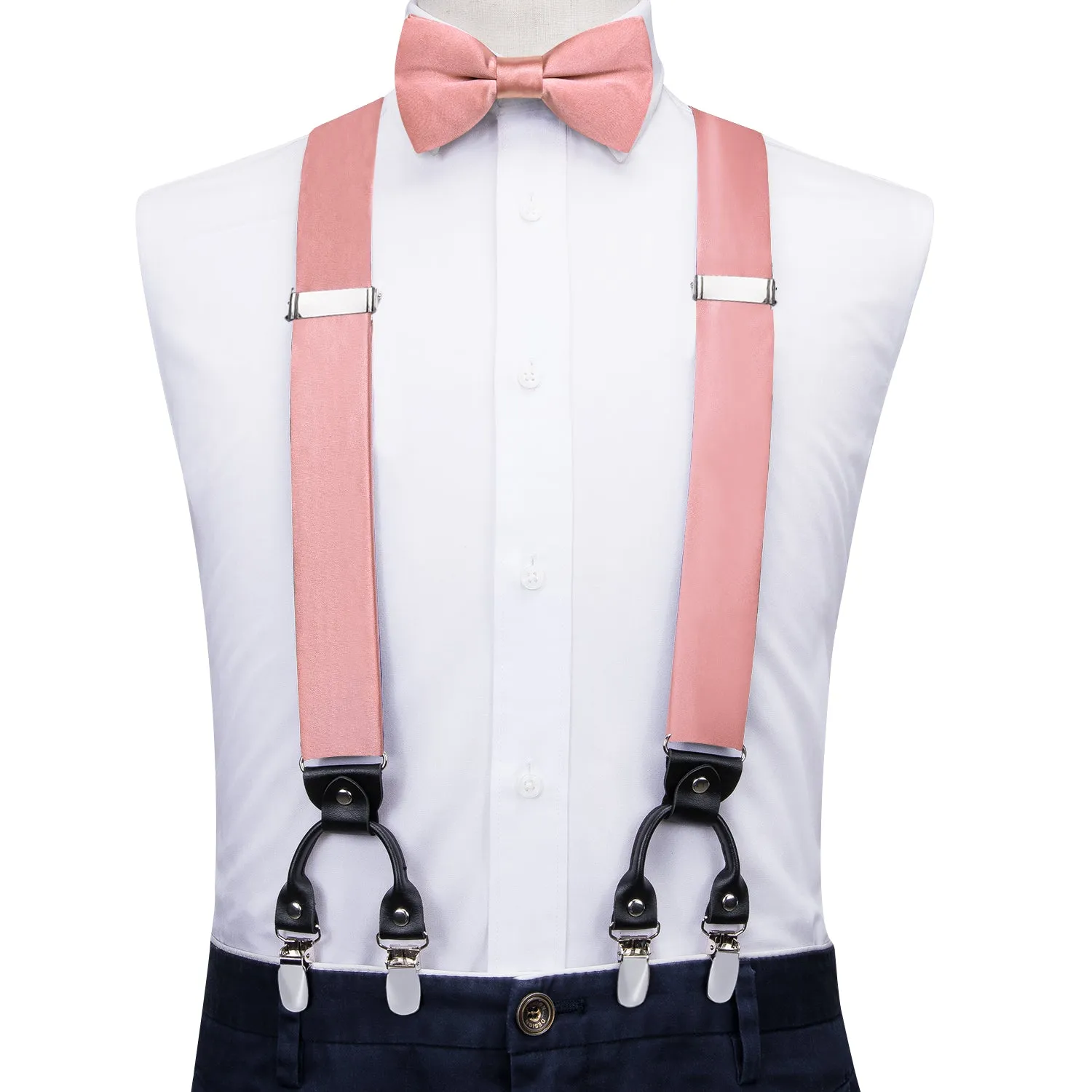 Hi-Tie BabyPink Solid Men Suspender Bowtie Pocket Square Cufflinks Set