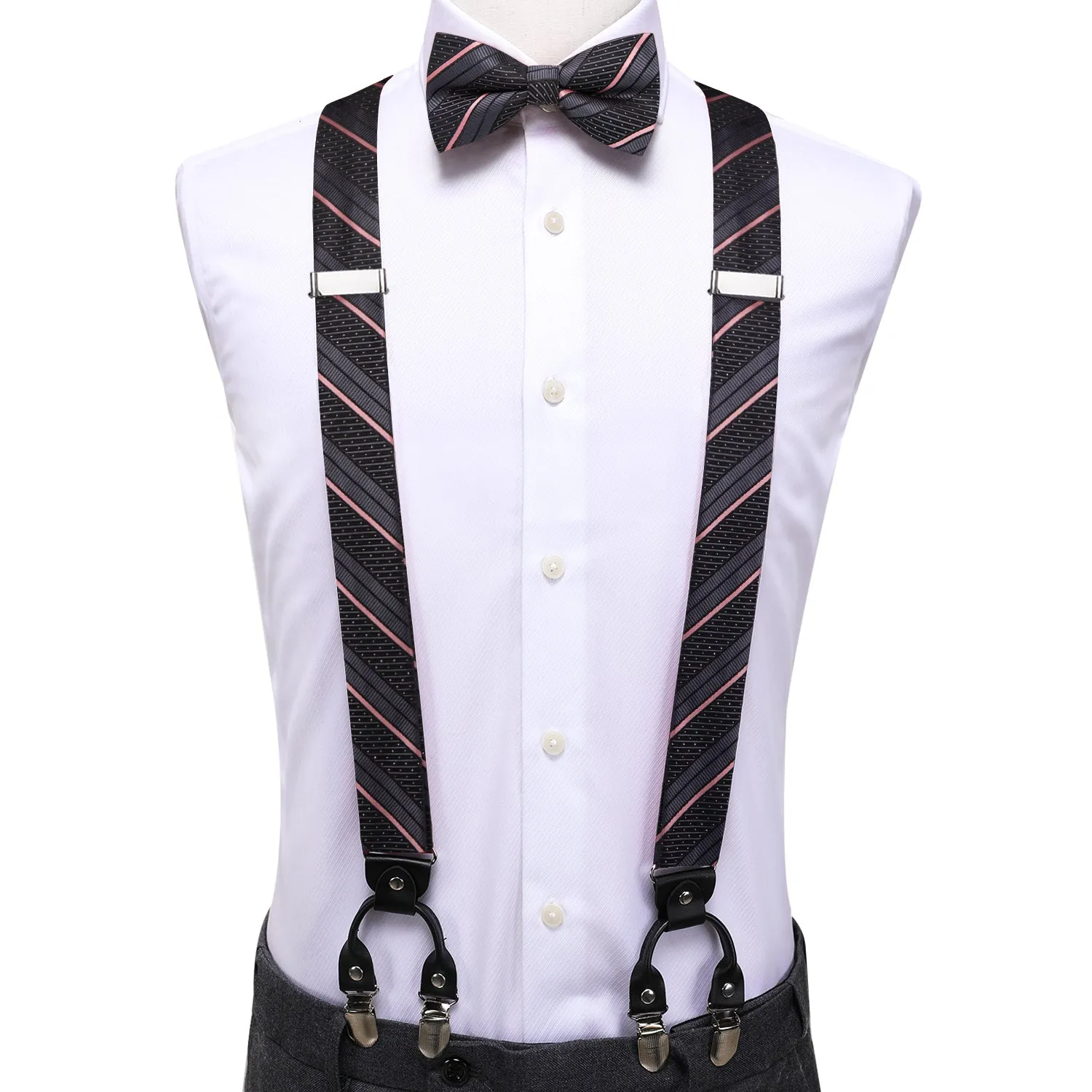 Hi-Tie Black Accessory Pink Stripe Suspender Bowtie Hanky Cufflinks Set