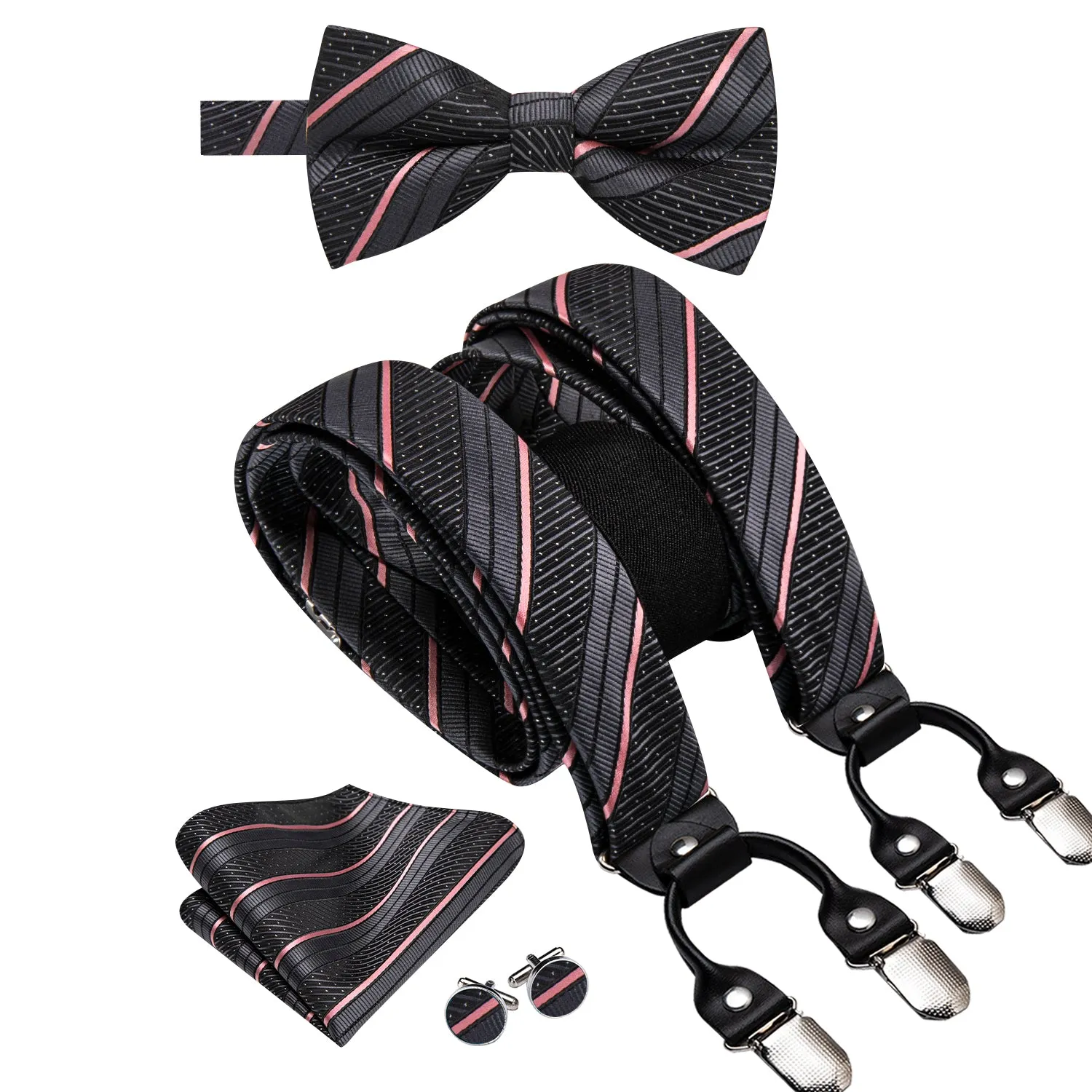 Hi-Tie Black Accessory Pink Stripe Suspender Bowtie Hanky Cufflinks Set