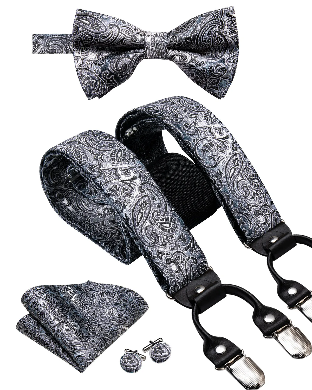 Hi-Tie Black Blue Grey Paisley Suspender Bowtie Hanky Cufflinks Set