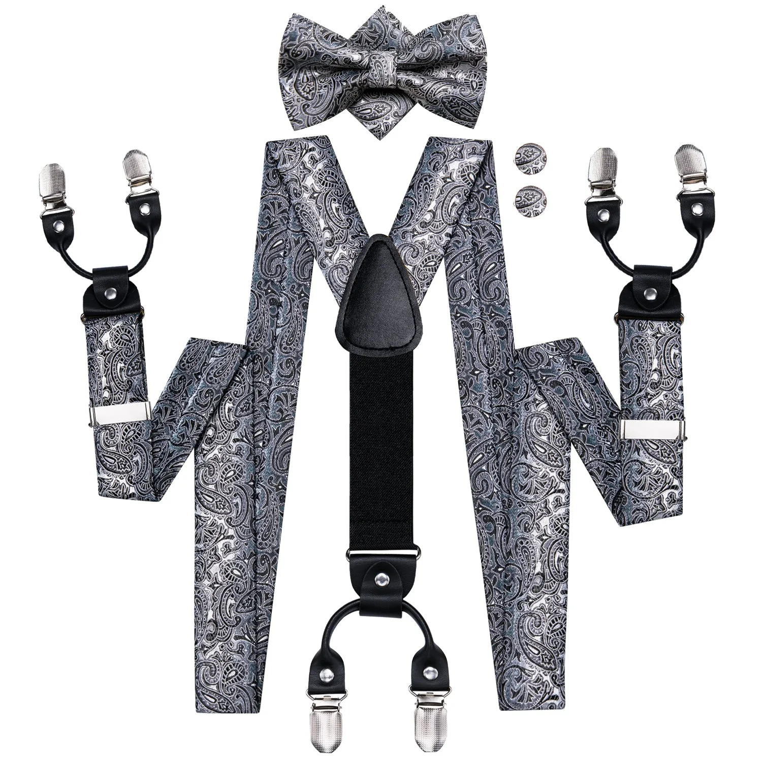 Hi-Tie Black Blue Grey Paisley Suspender Bowtie Hanky Cufflinks Set