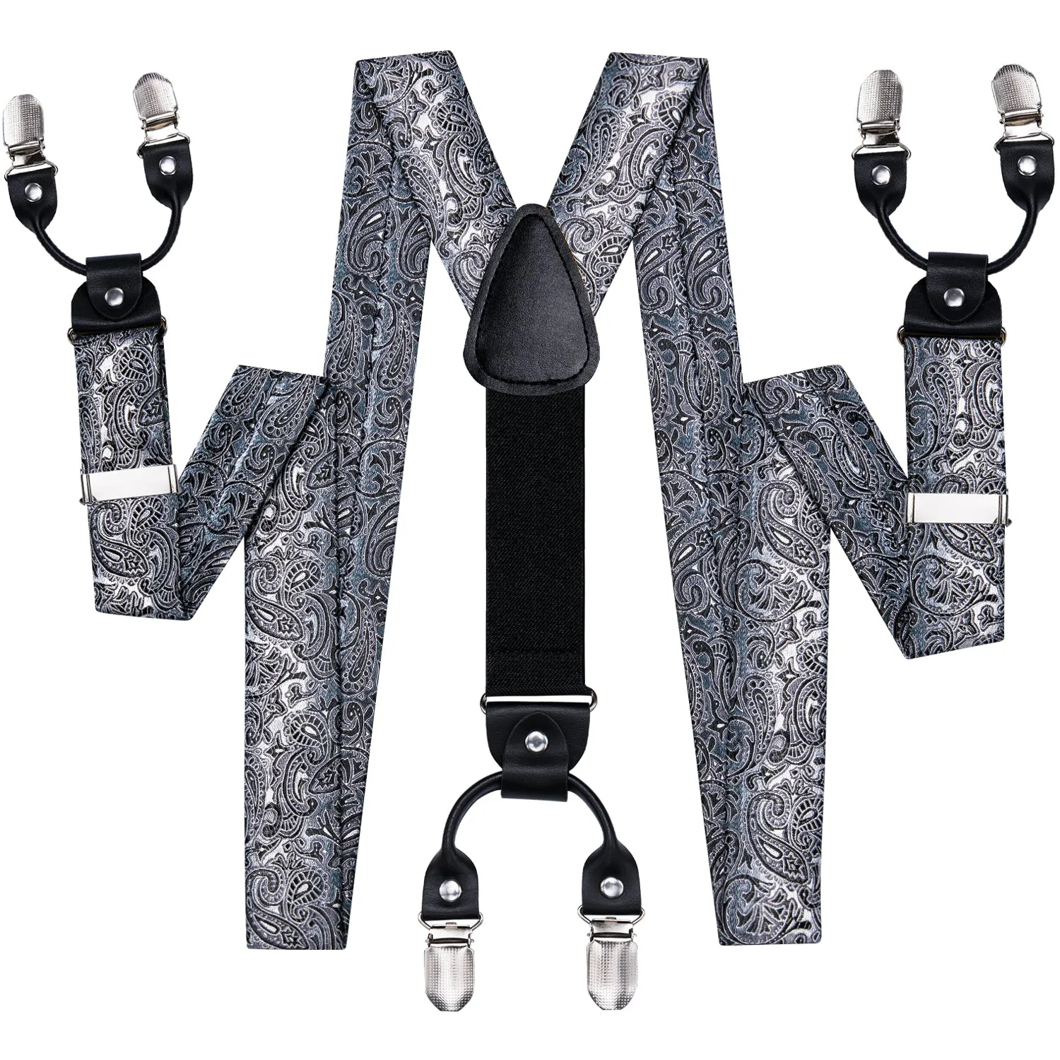 Hi-Tie Black Blue Grey Paisley Suspender Bowtie Hanky Cufflinks Set