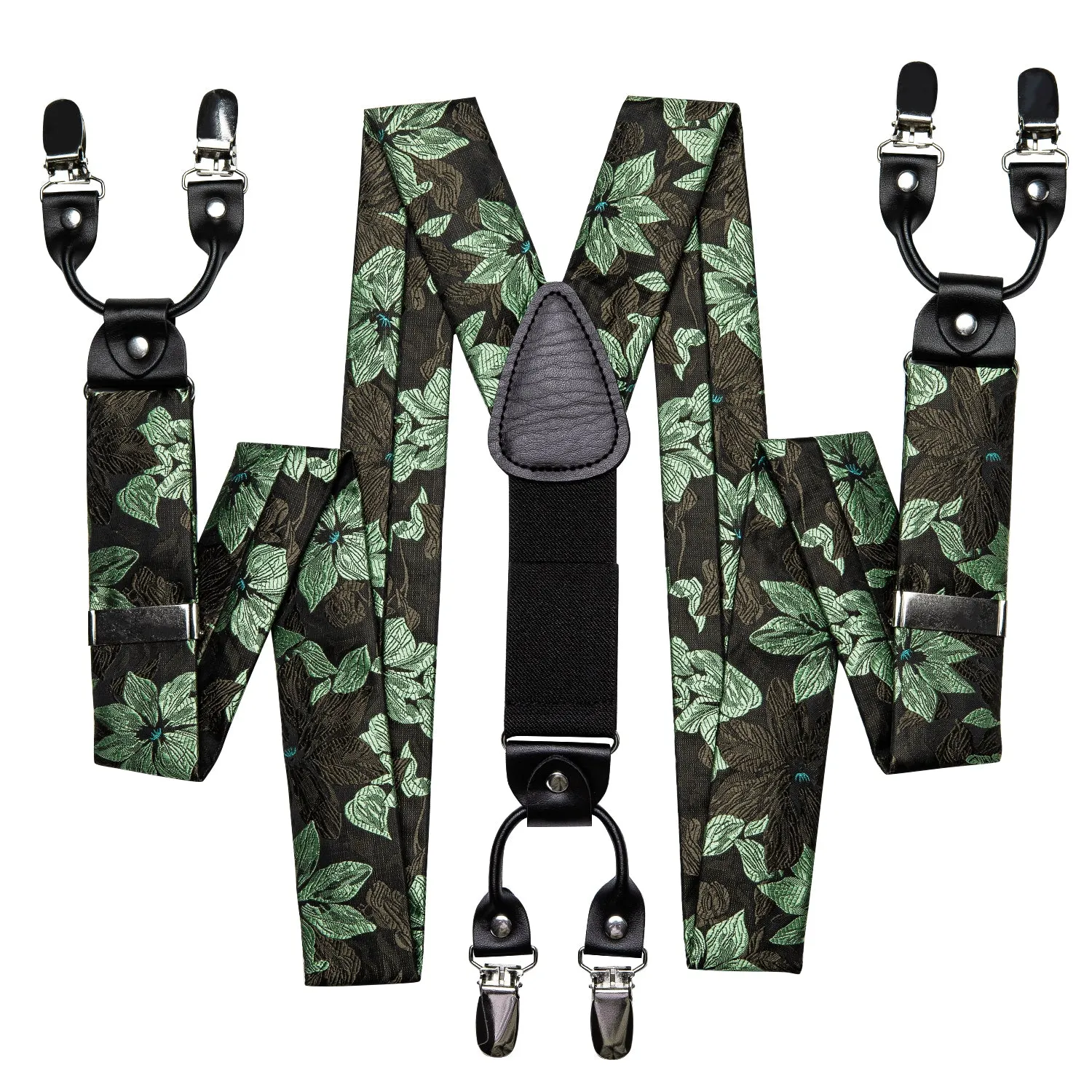 Hi-Tie Black Green Floral Suspender Bowtie Pocket Square Cufflinks Set