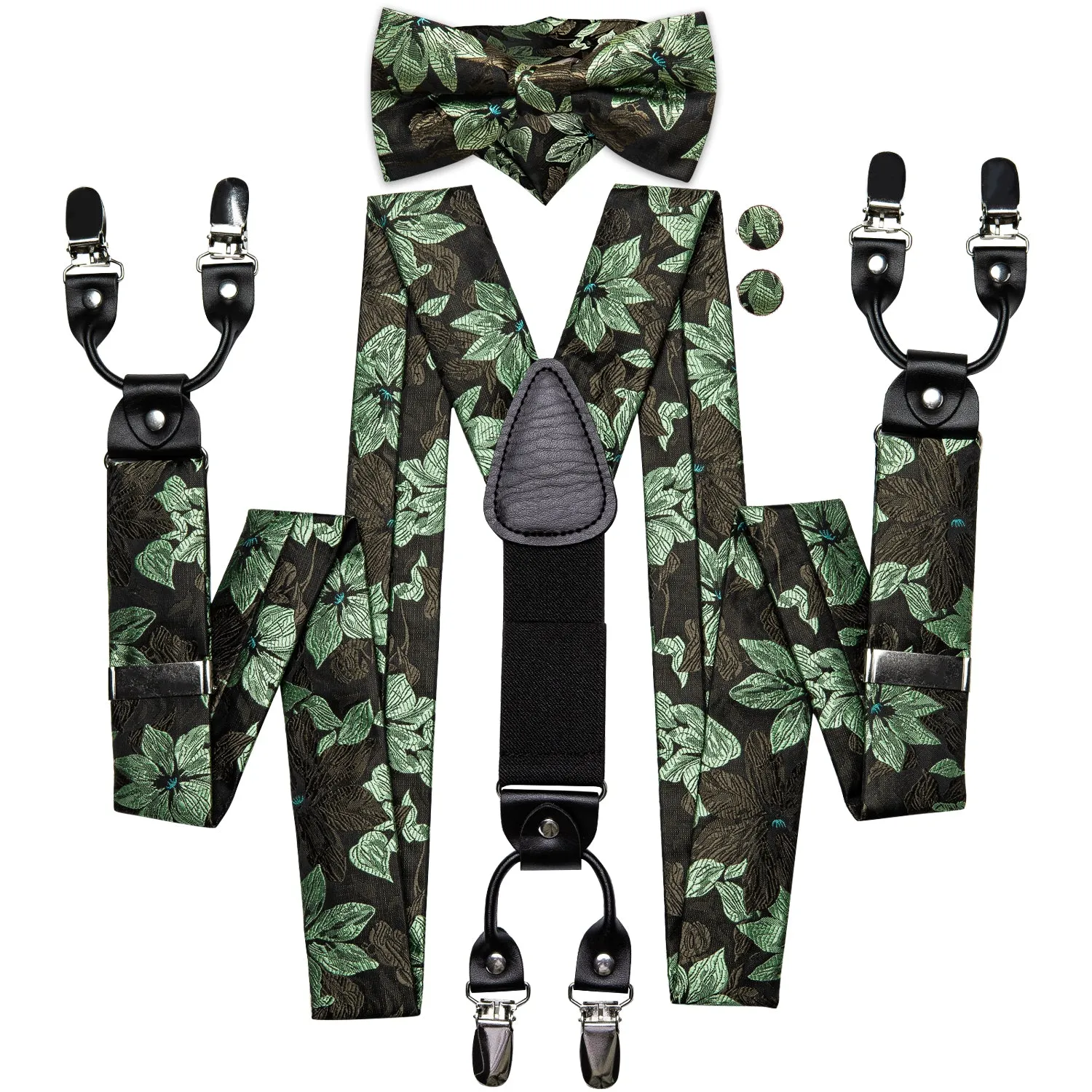 Hi-Tie Black Green Floral Suspender Bowtie Pocket Square Cufflinks Set